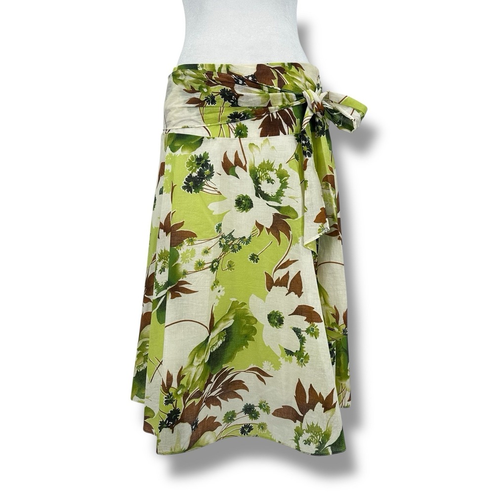 VTG Y2K‎ Renee C Lime Green Floral Cotton Voile Midi Skirt S Tie Waist Fairy USA